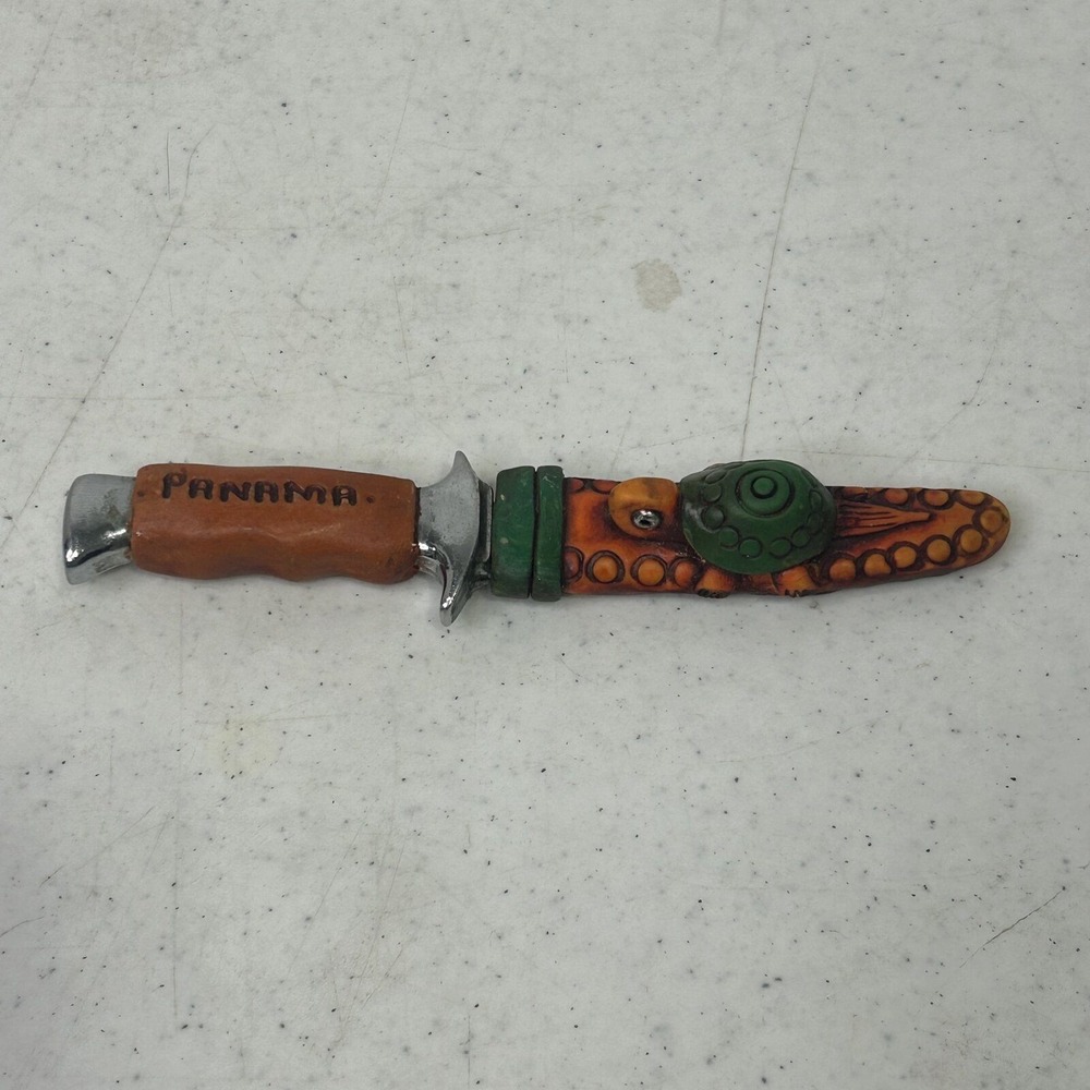 Vintage Panama Souvenir Knife Turtle Octopus Sheath Serrated Stainless Steel 5in